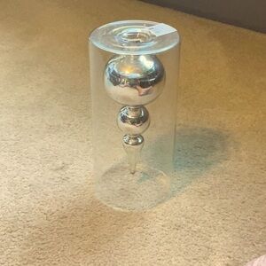 Dept 56 Silver Finial Candle Holder Enclosed Round Clear Glass Vase. 9.5 x 4.5”